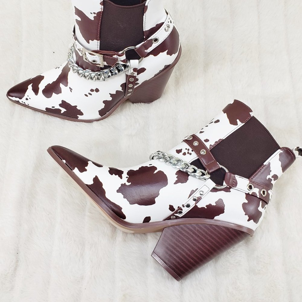 Demitri Brown White Cow Print Western Cowgirl Pull On Ankle Boot - Picture 12 of 13